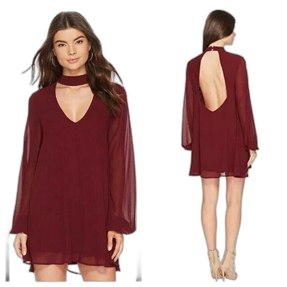 Show Me Your Mumu Josephine Burgundy Chiffon Choker Sheer Balloon Sleeve Dress - Picture 1 of 9